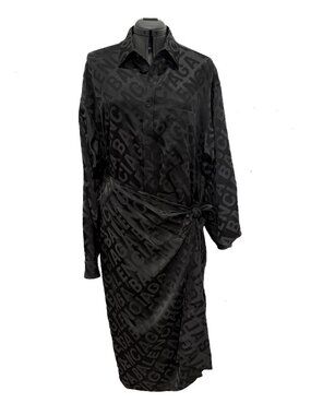 Balenciaga 2021 Black All-over Logo Wrap Shirt Dress